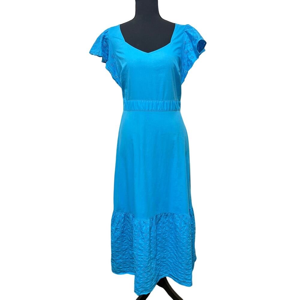 Ann Taylor Factory Blue Eyelet Flutter Sleeve Midi Dress Cotton Modal Size 2